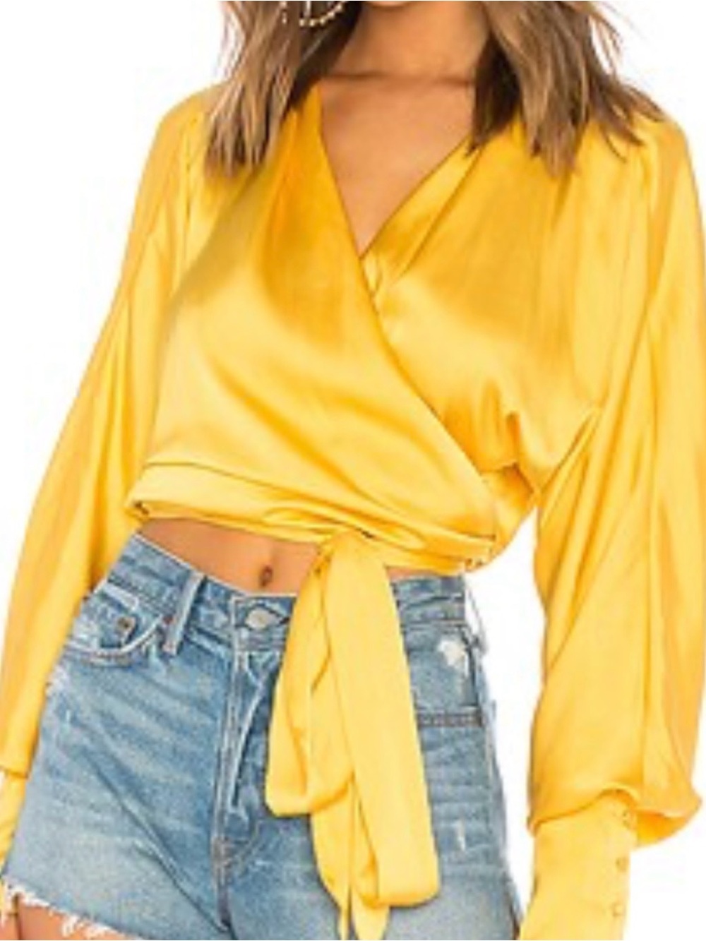 LPA Dolman wrap Silky Yellow women’s Wrap Tie Front Blouse